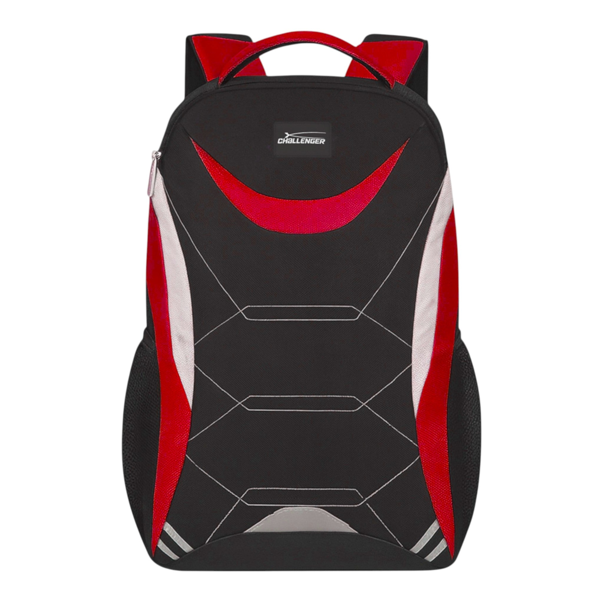 Red and black Challenger dual compartment backpack with white detailing, padded shoulder straps, and side mesh pockets – ideal for school, work, or travel.